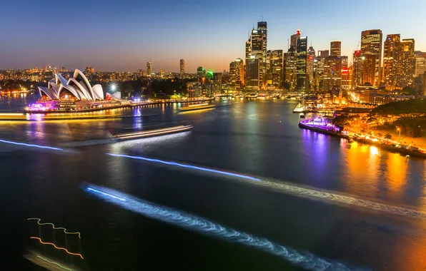 Night, lights, home, Australia, Sydney, track, Opera house