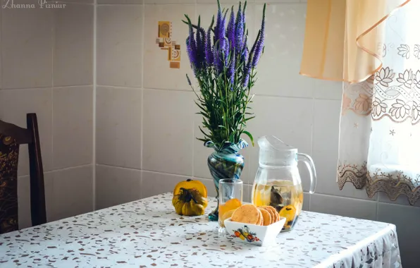 Table, Flowers, cookies, kitchen, lemonade