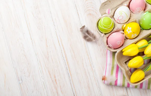 Easter, tulips, yellow, wood, tulips, spring, Easter, eggs