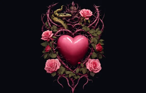 The dark background, heart, roses, snake, spikes, black background, Valentine's Day, AI art