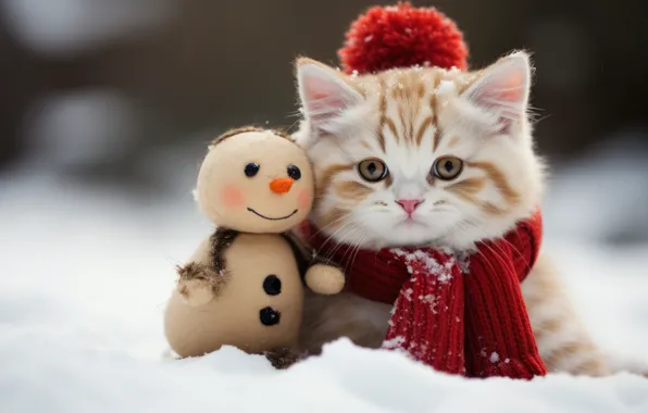 Winter, cat, look, snow, kitty, Christmas, New year, snowman