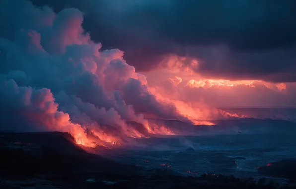 The sky, landscape, mountains, night, clouds, fire, smoke, the slopes