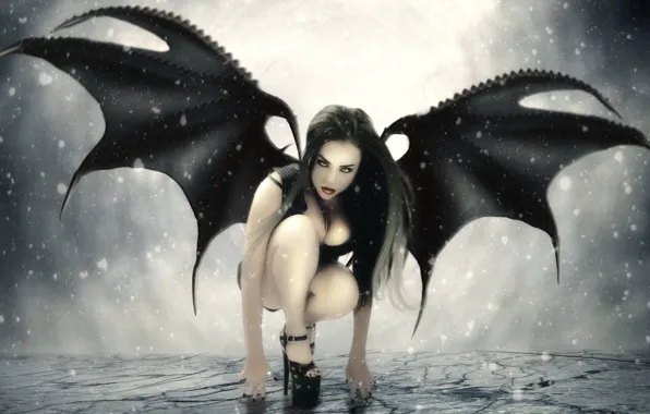 Look, girl, snow, face, pose, fiction, hair, wings