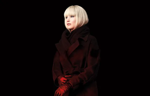 Picture makeup, scarf, hairstyle, blonde, gloves, black background, Thriller, coat