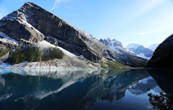 Picture the sky, snow, trees, mountains, lake, reflection