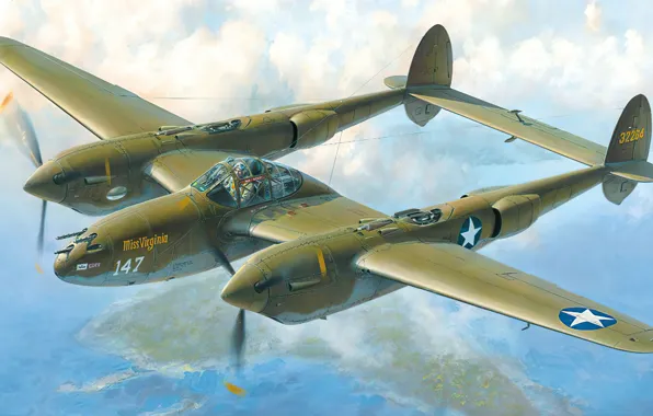 Art, airplane, aviation, ww2, p-38