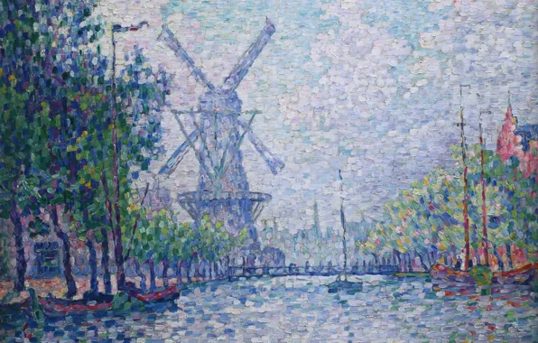 Landscape, picture, windmill, Paul Signac, pointillism, Morning on the Canal, Rotterdam. Windmill