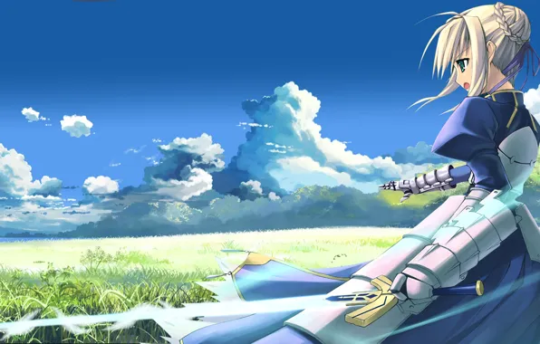 Field, girl, clouds, sword, fate stay night, Saber