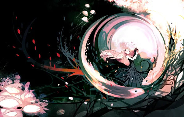 Girl, butterfly, art, jellyfish, Anime, Anime, NanoMortis, Teardrop