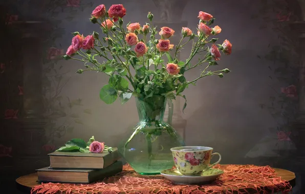 Books, roses, bouquet, texture, Cup