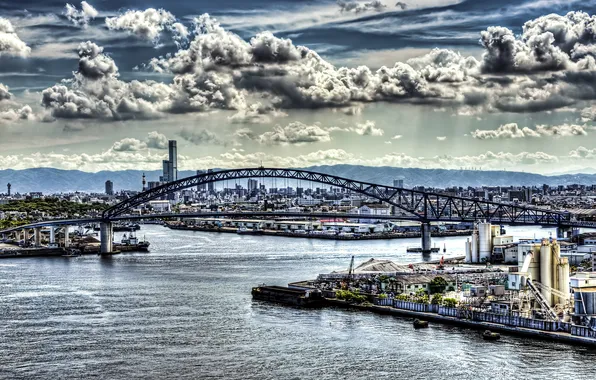 Picture sea, the sky, clouds, bridge, the city, home, Japan, hdr
