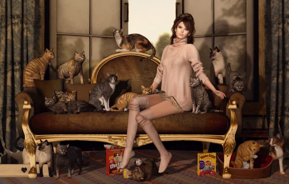 Girl, cats, face, sofa, cats, hair, legs, sitting