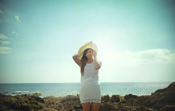 Sea, girl, rocks, hair, hat, horizon, white dress, sunlight