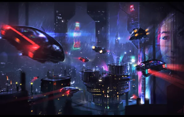 Night, The city, Future, Neon, Skyscrapers, Machine, City, Car