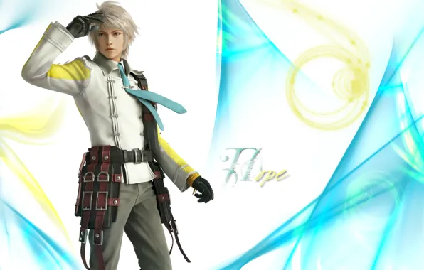 Picture tie, gloves, Final Fantasy, white hair, straps, jacket, Hope Estheim