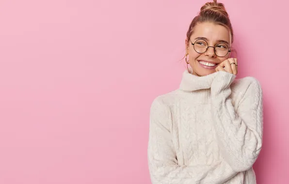 Picture girl, smile, beauty, glasses, sweater