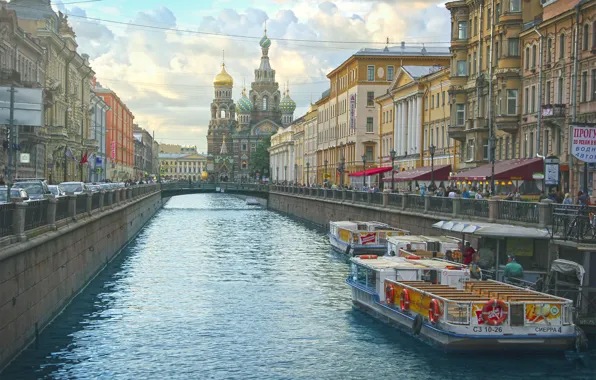 The city, channel, promenade, Saint Petersburg, The Savior on Blood
