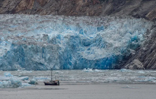 Sea, mountains, ship, glacier