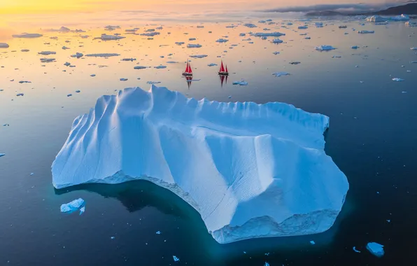 Picture sea, yachts, iceberg, ice, scarlet sails, Greenland