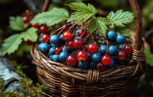 Leaves, berries, harvest, blueberries, basket, red, currants, blueberries