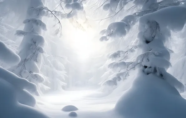 Frost, forest, light, snow, trees, branches, fog, lights