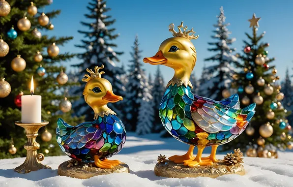 Forest, balls, duck, candle, Christmas, the snow, New year, ducklings