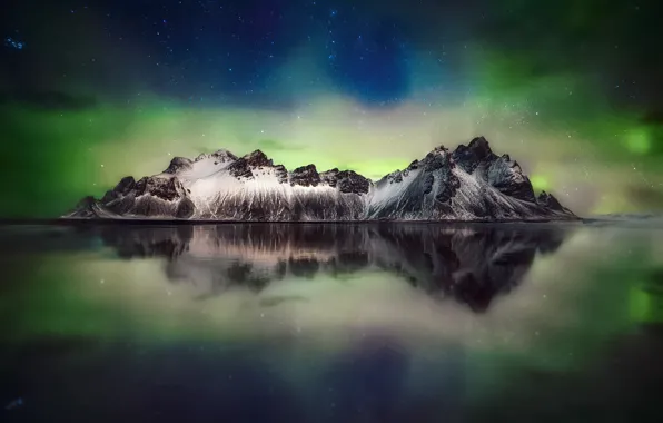 The sky, stars, mountains, night, Northern lights, Iceland, Cape, Stokksnes