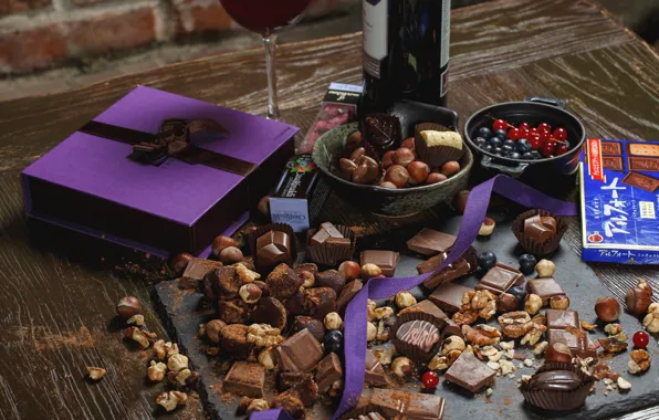 Berries, wine, chocolate, candy