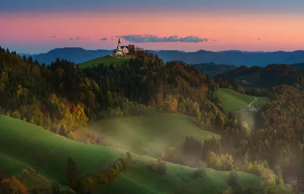 Landscape, mountains, nature, hills, Church, forest, meadows, Slovenia