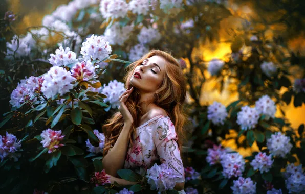 Picture girl, flowers, nature, pose, hair, portrait, garden, dress