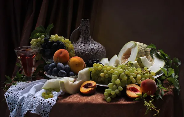 Grapes, still life, peaches, Assorti