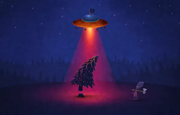 Night, New year, tree, aliens