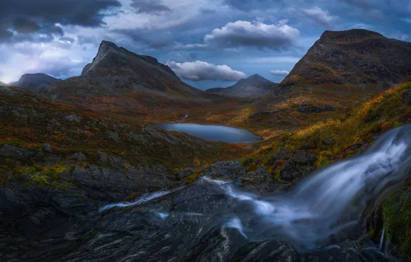 Mountains, lake, stream, waterfall, Norway, cascade, Norway, Romsdalen Valley