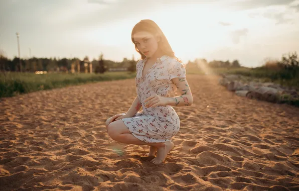 Girl, sky, barefoot, clouds, model, sand, tattoo, women