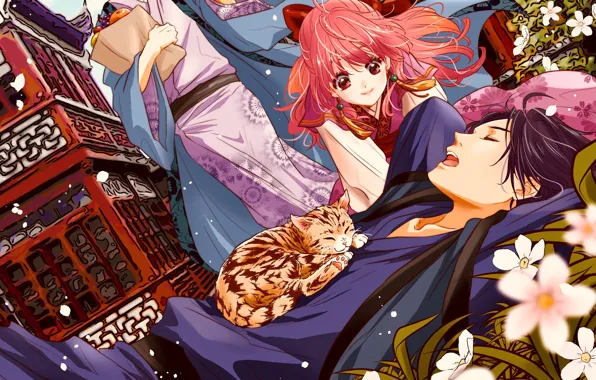 Picture stay, kimono, friends, red hair, two guys, sleeping cat, white flowers, Dawn Yona