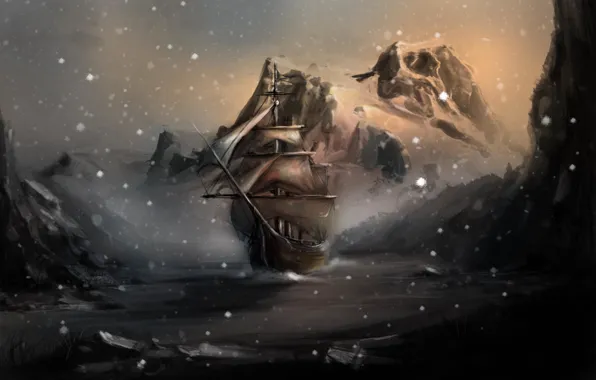 Water, snow, rocks, ship, art, skyrim, Winterhold
