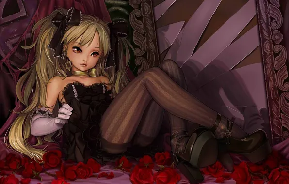 Girl, fragments, tape, roses, stockings, characters, mirror, pentagram