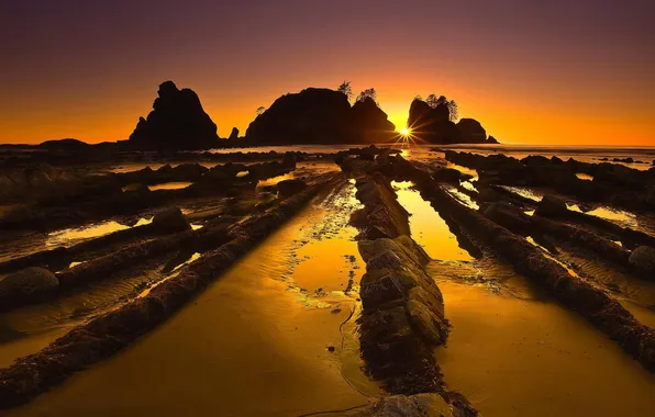 Sea, the sun, rays, sunset, stones, rocks