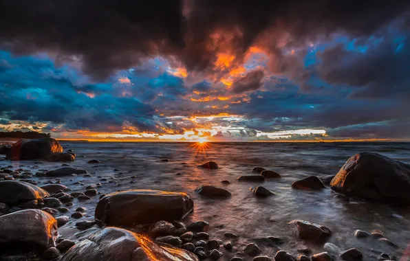 Beach, the sun, stones, the ocean, dawn, coast