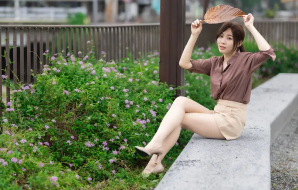 Girl, sheet, shorts, shoes, blouse, legs, Asian