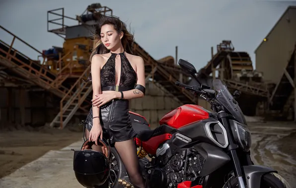 Girl, pose, shorts, hands, motorcycle, helmet, Asian