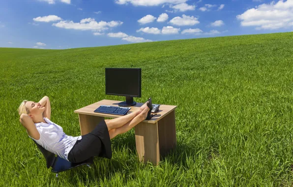 Greens, field, the sky, grass, girl, the sun, clouds, pose