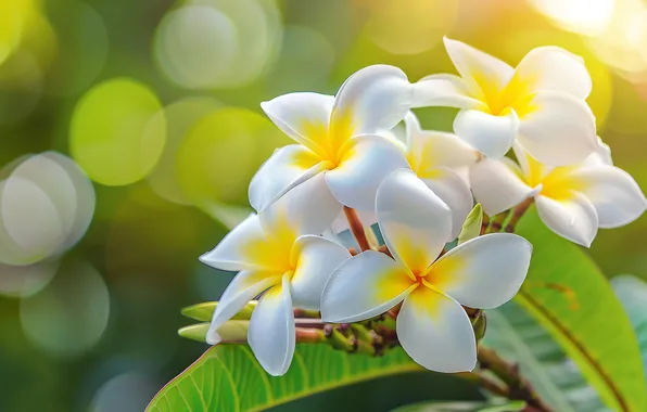 Leaves, light, flowers, white, green background, bokeh, plumeria, frangipani