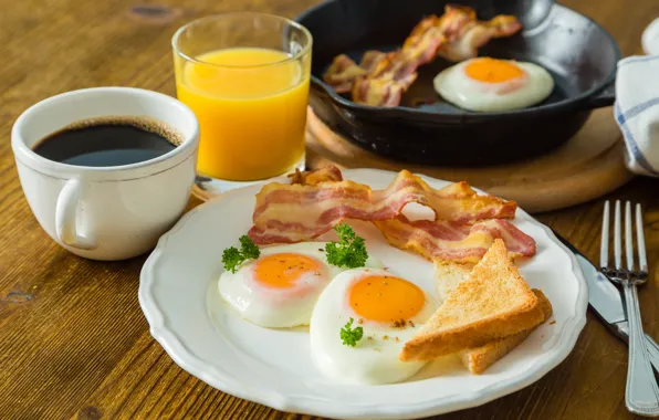 Coffee, Breakfast, juice, scrambled eggs, bacon