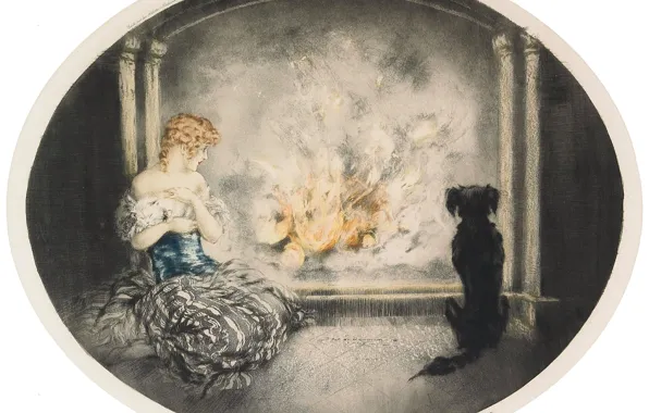 Cat, dog, Cinderella, 1927, campfire, Louis Icart, art Deco