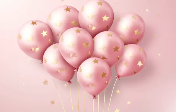 Stars, balls, balloons, holiday, balls, Christmas, New year, pink