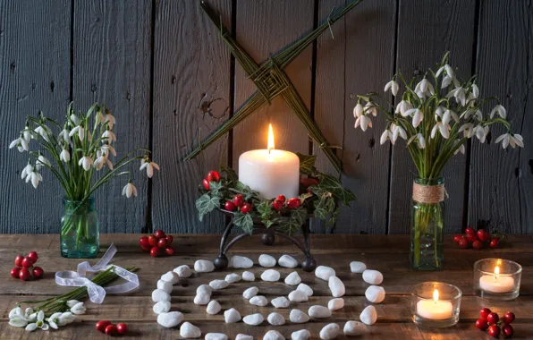 Picture flowers, style, berries, spiral, candles, snowdrops, pebbles