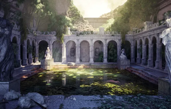 Vegetation, architecture, statues, pond, The Fall of Rome