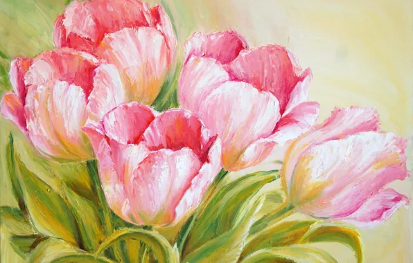 Picture leaves, flowers, paint, bouquet, picture, spring, tulips, pink
