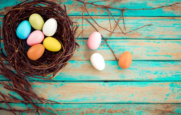 Basket, eggs, spring, colorful, Easter, wood, spring, Easter